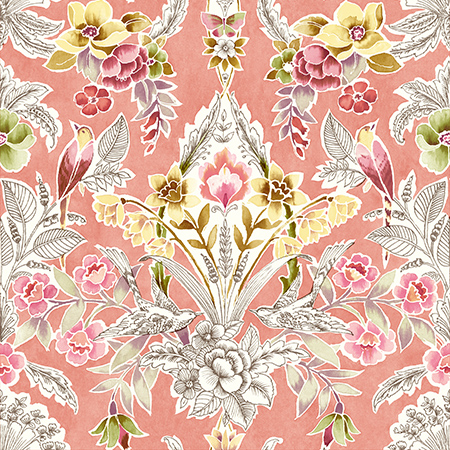 Vera Pink Floral Damask Wallpaper